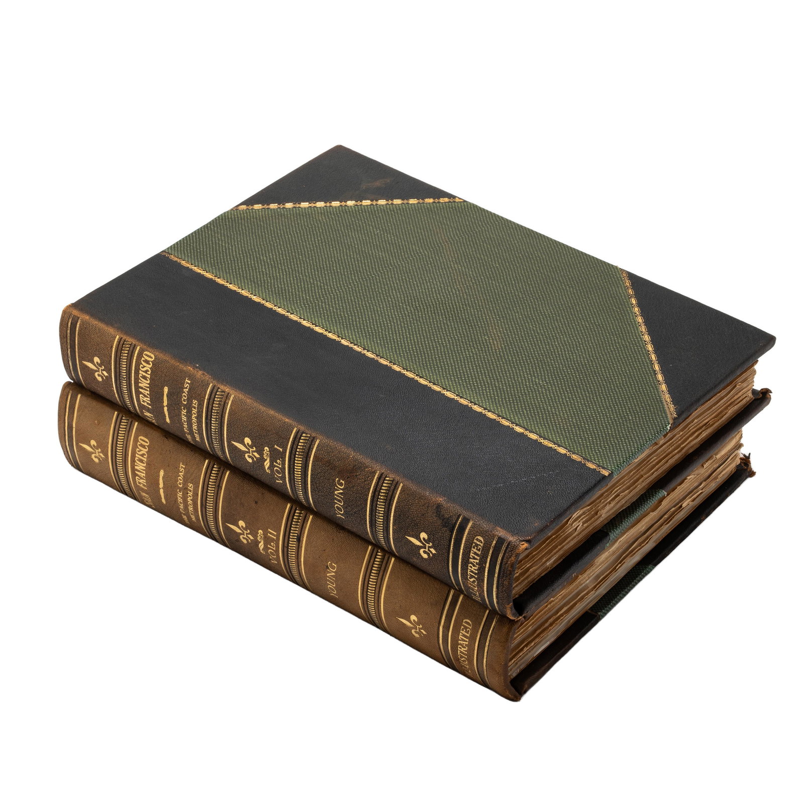 San Francisco: A History of the Pacific Coast Metropolis: Hardcover two volume set. By John P. Young, published by The S. J. Clarke Publishing Company, Chronicle Building San Francisco, 1912. Leather-bound with gilt spine lettering. Signed by the author on t