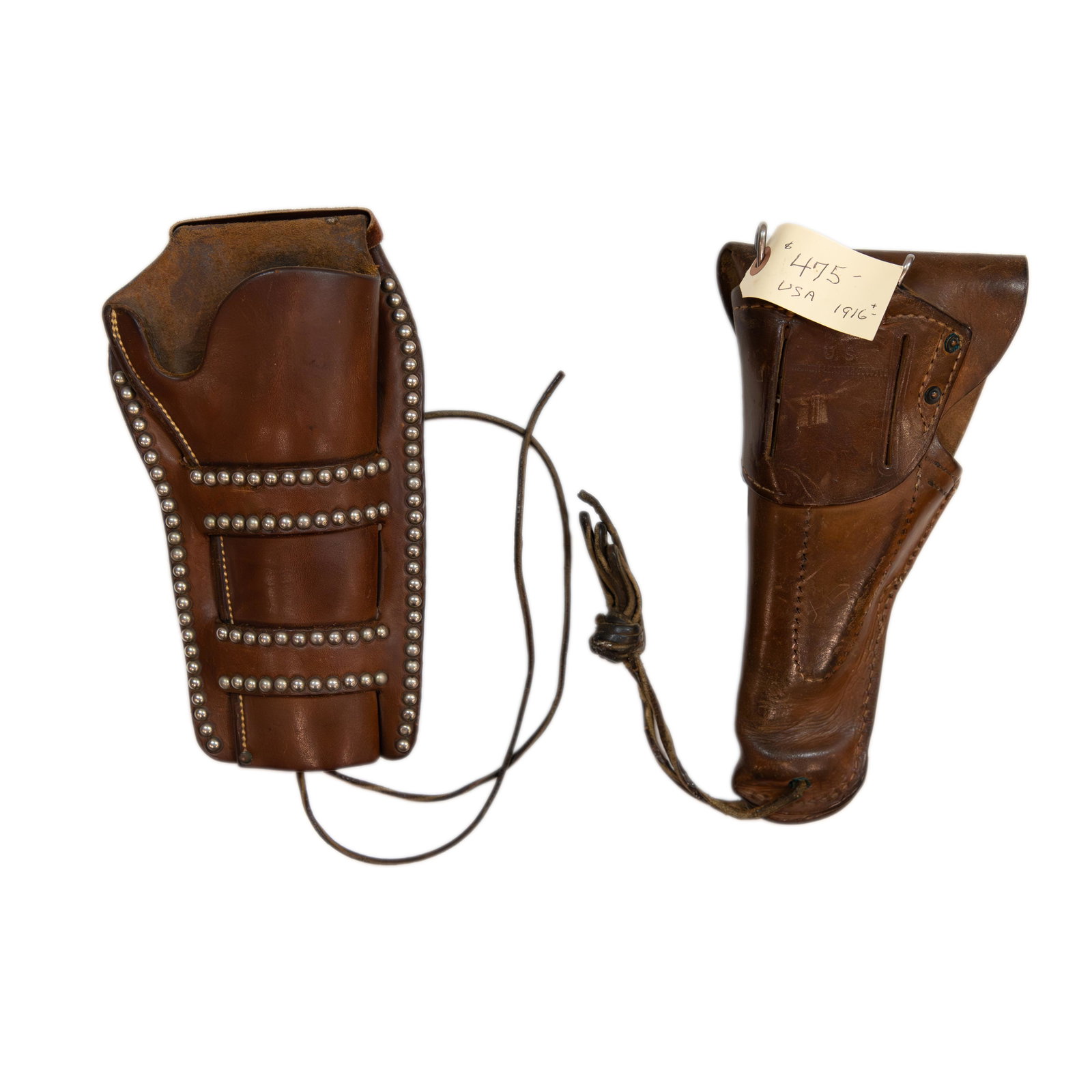 Two Leather Pistol Holsters: One M. H. Heiser, Denver, Co. with metal stud embellishment; and one U. S. Warren Leather Goods, Co. Largest 10.25" l.