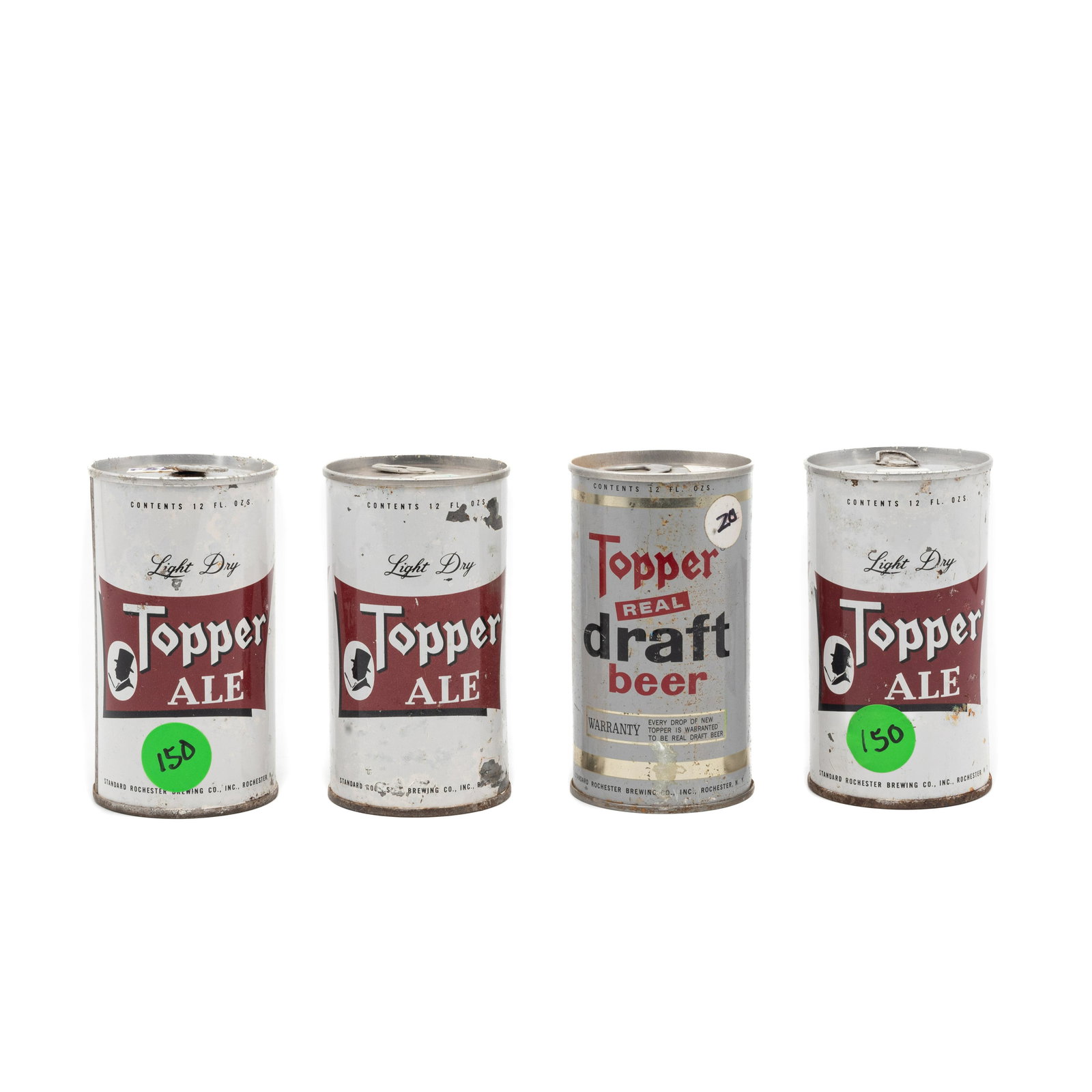 Topper Early Opening Beer Cans: Including three Topper Ale zip top, and one Topper Real Draft Beer pull tab. Standard Rochester Brewing Co., Inc. Rochester, N.Y. Crown Cork & Seal Canning Company, circa 1960's. Straight examples. So