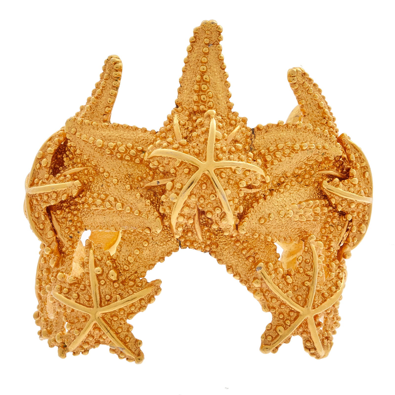 Jose and Maria Barrera Vintage Starfish Cuff Bracelet: Designed with multiple starfish clinging to a textured, gold-tone cuff mounting measuring approximately 2.70 inches in width, inside circumference approximately 6 1/2 inches, 1.40 in gap. Signed "Barr