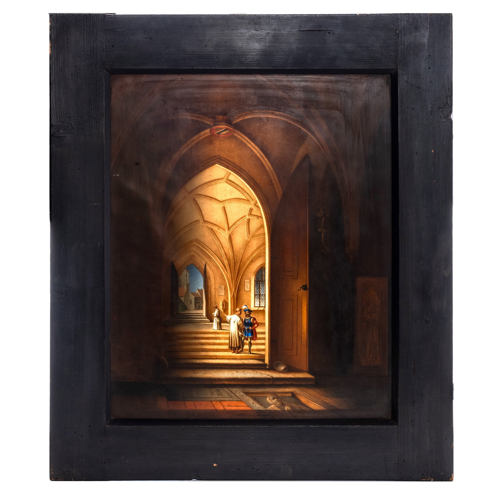 Vintage Light Box with Painting on Glass: Depicting figures in a Gothic Crypt, possibly St. Mary Le Bow18in w. 21in. h. 3in. d.