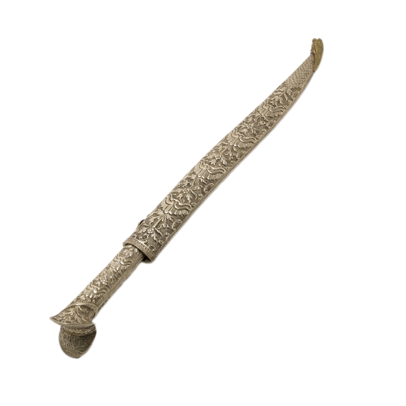 Turkish Yatagan, circa 1880: Turkish Yatagan, the matching silver scabbard and hilt with embossed floral decoration and having a gold-tone dragon head tip. Blade with gold-tone mantinada decoration on both sides, circa 1880. Blad