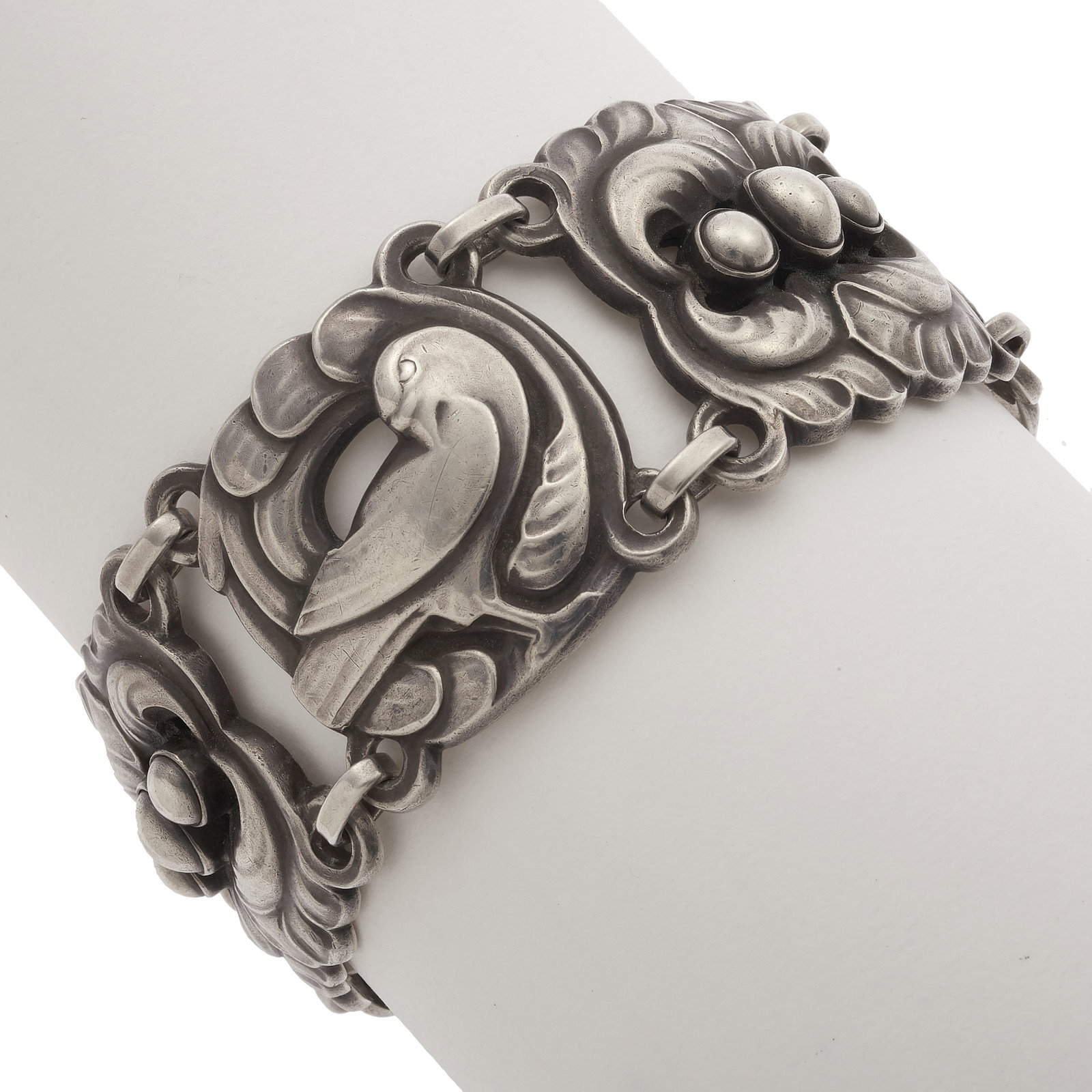 Georg Jensen, Sterling Silver "Dove" Bracelet: Georg Jensen, Sterling Silver "Dove" Bracelet Consisting of sterling silver links featuring doves alternating with spheres, each measuring approximately 27.0 mm (1.07 in), completed by a ton