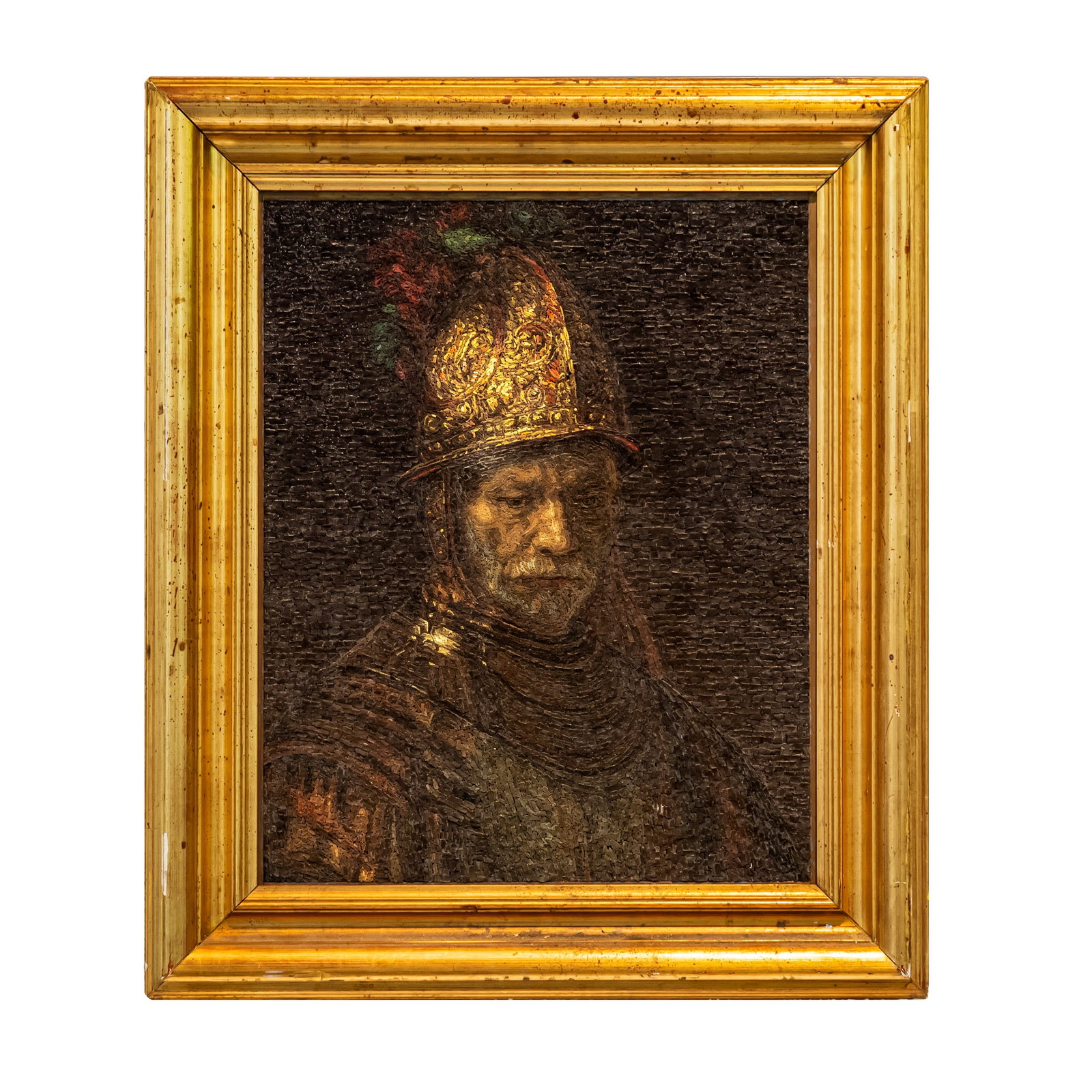 Man with the Gilt Hemet, after Rembrandt Van Rijn: Man with the Gilt Hemet, after Rembrandt Van Rijn Micro-mosaic depiction of 'Man with Gilt Helmet, now attributed to the Circle of Rembrandt van Rijn. 23in.x 18 1/2in. (58cm. x 47cm). Framed: 26in. x 
