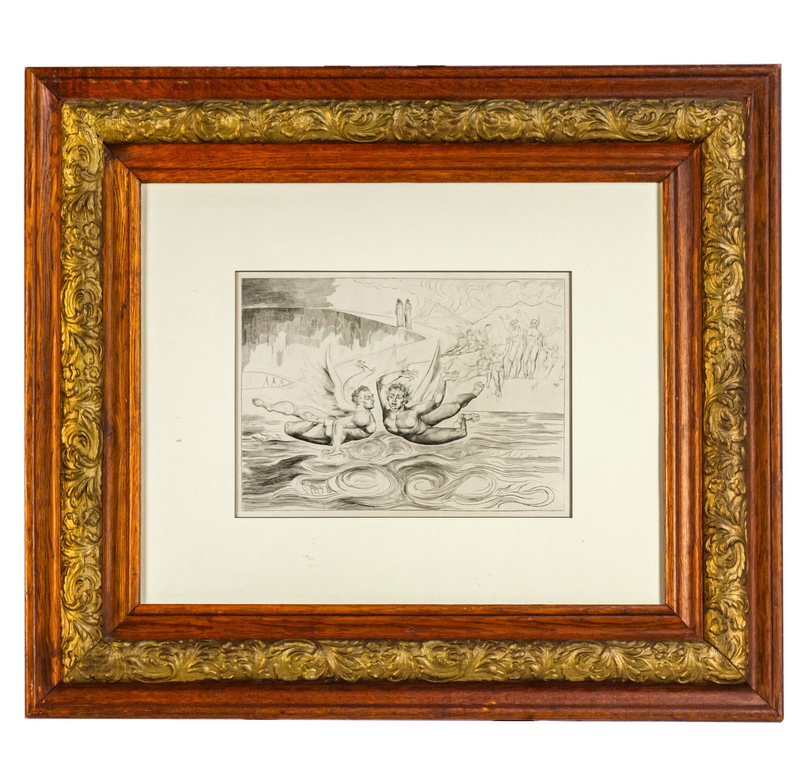 'The Baffled Devils Fighting' print: 'The Baffled Devils Fighting' printAfter the original engraving by William Blake (1757-1827) for an edition of Dante's Divine Comedy.13 1/2in. x 10in (34cm. x 25cm).Framed 31in. x 27in. (79cm. x 69cm)