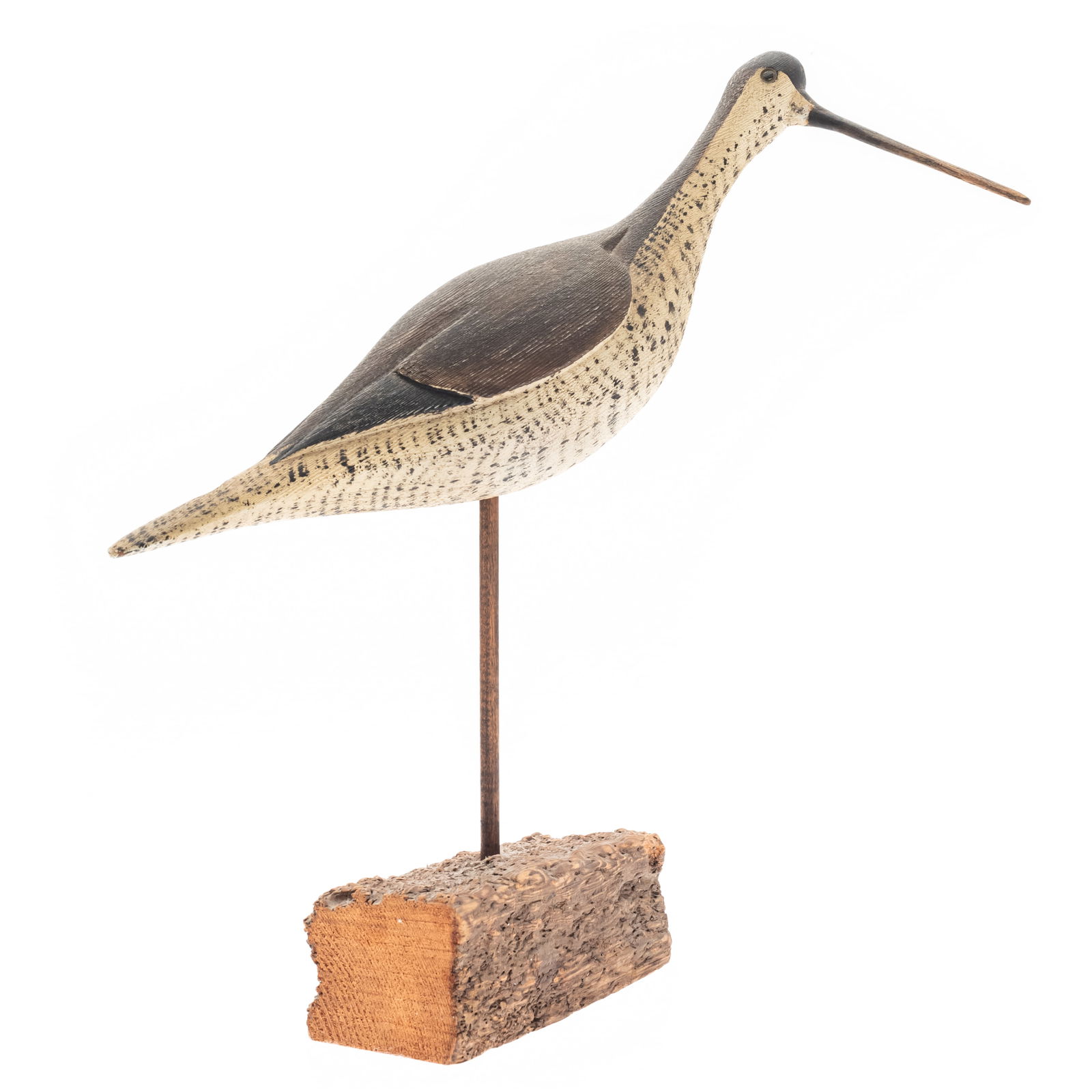Contemporary Folk Art Shorebird Decoy, Thomas Langan: Contemporary Folk Art Shorebird Decoy, Thomas LanganCarved and painted wood in the form of a Long Billed Curlewwith applied eyesstanding on a wood base.15 1/2in (39cm) h.