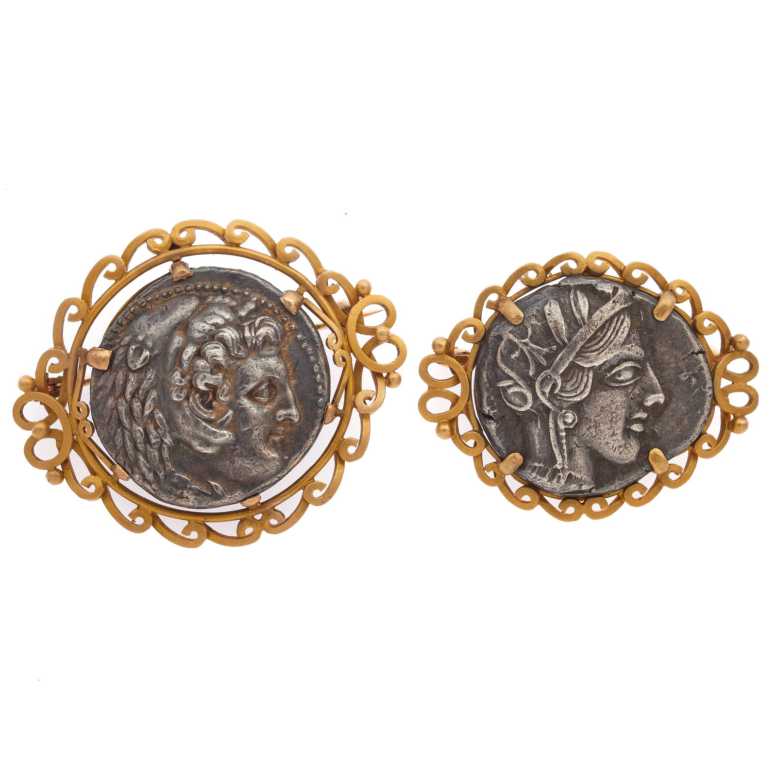Pair of Ancient Silver Coin, 18k Yellow Gold Pins (1 of 2)