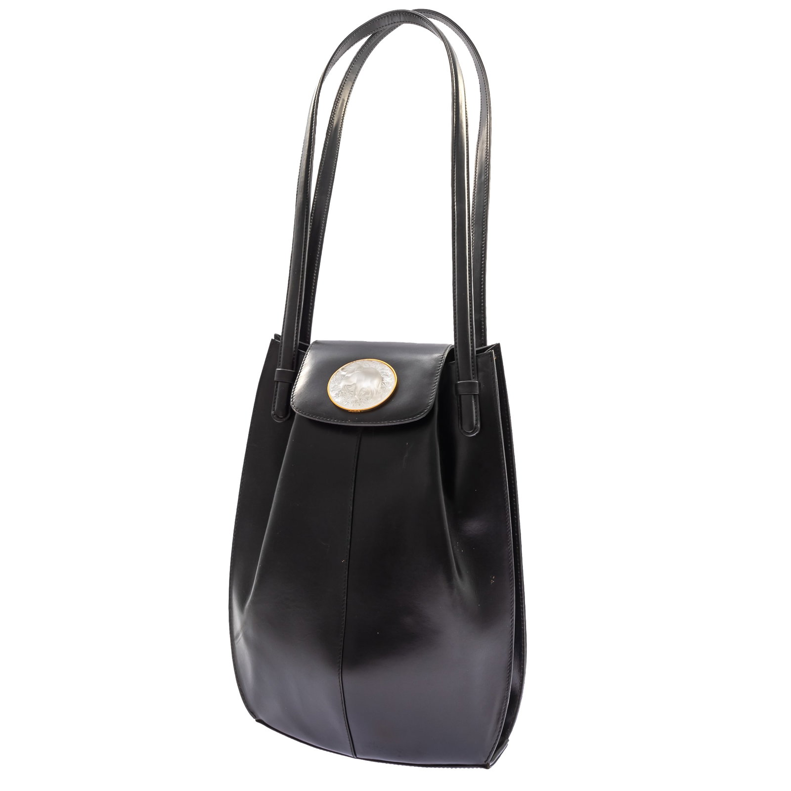 Lalique Leather Bag with Oval Lalique Medallion: Lalique Leather Bag with Oval Lalique Medallion Lalique medallion clasp depicting an elephant. Purse bearing label: Lalique Paris, made in France. 14 1/2in (37cm) h. 112in (29cm) w. Condition: Scuffin