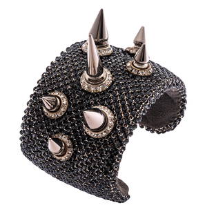 Swarovski Crystal, Metal, Suede Bracelet "Spike Cuff," Michael Schmidt: Swarovski Crystal, Metal, Suede Bracelet "Spike Cuff," Michael Schmidt Featuring colorless crystals encircling white metal spikes, set in a pave-set, gray Swarovski crystal cuff mounting