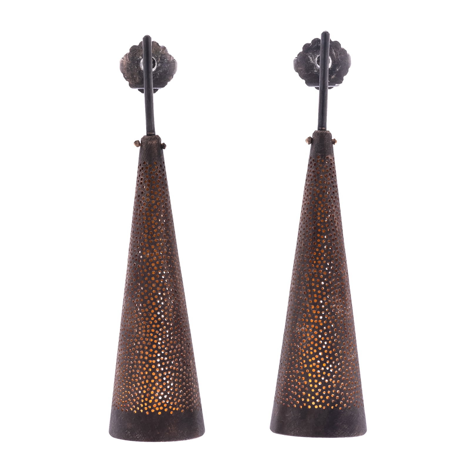 Pair of Patinated Sterling Silver Earrings, "Perforated Cones," Sandra Enterline (1 of 2)
