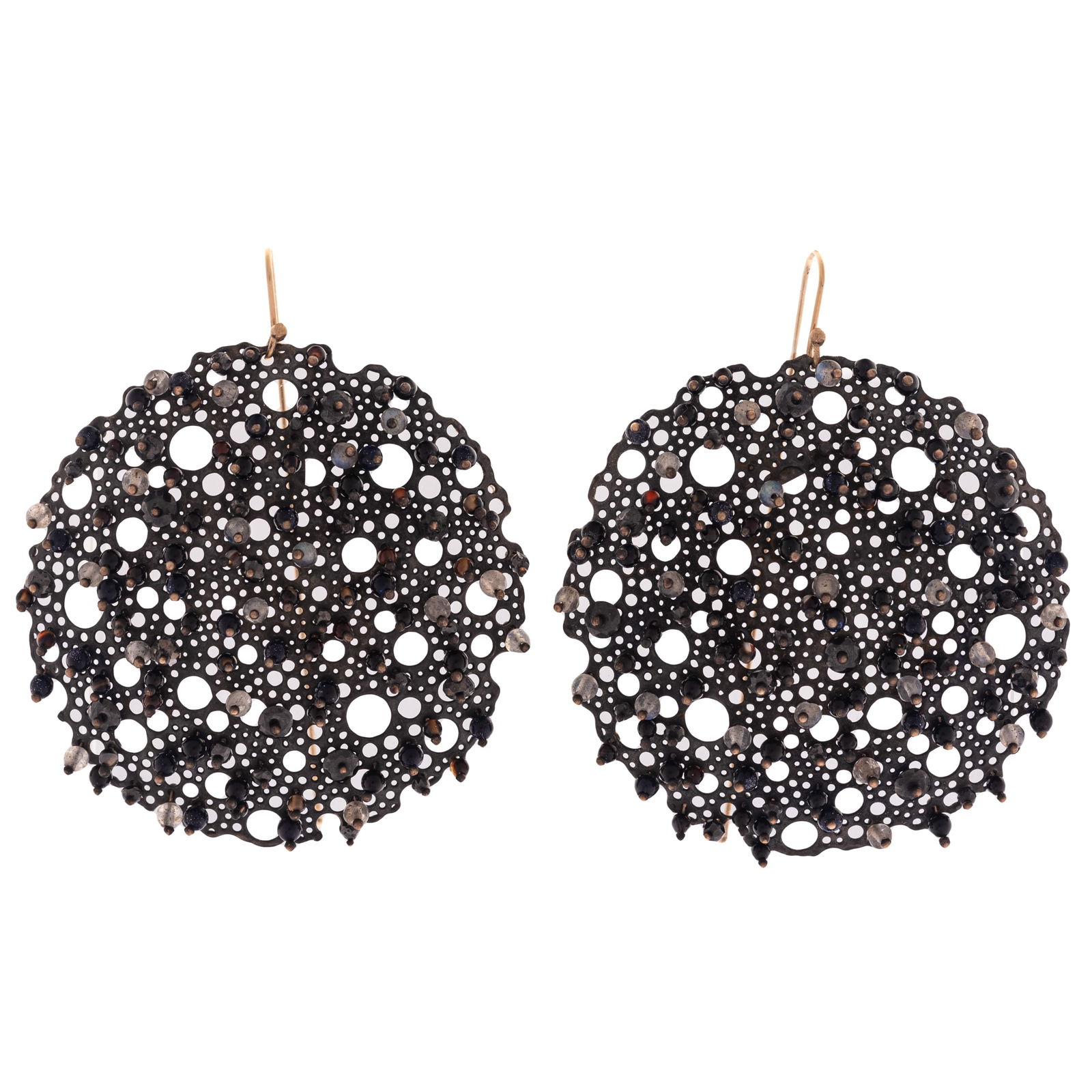 Pair of Stone, Glass, 14k, Patinated Earrings, "Queen Anne's Lace," Ted Meuhling (1 of 2)