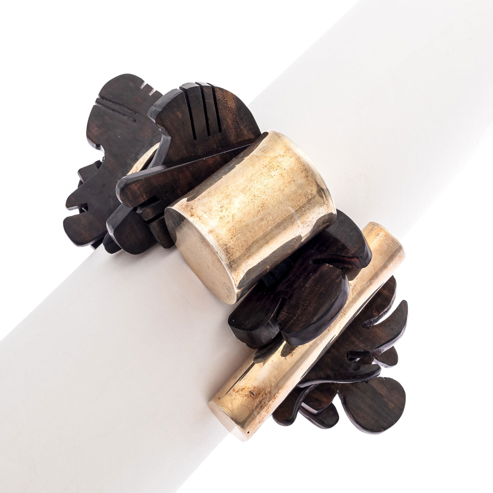 Ebony, Silver, Leather Bracelet, "Percussion," Robert Lee Morris: Ebony, Silver, Leather Bracelet, "Percussion," Robert Lee MorrisFeaturing abstract shape, carved ebony and polished silver on leather, completed by a toggle clasp with safety forming an 8 1/