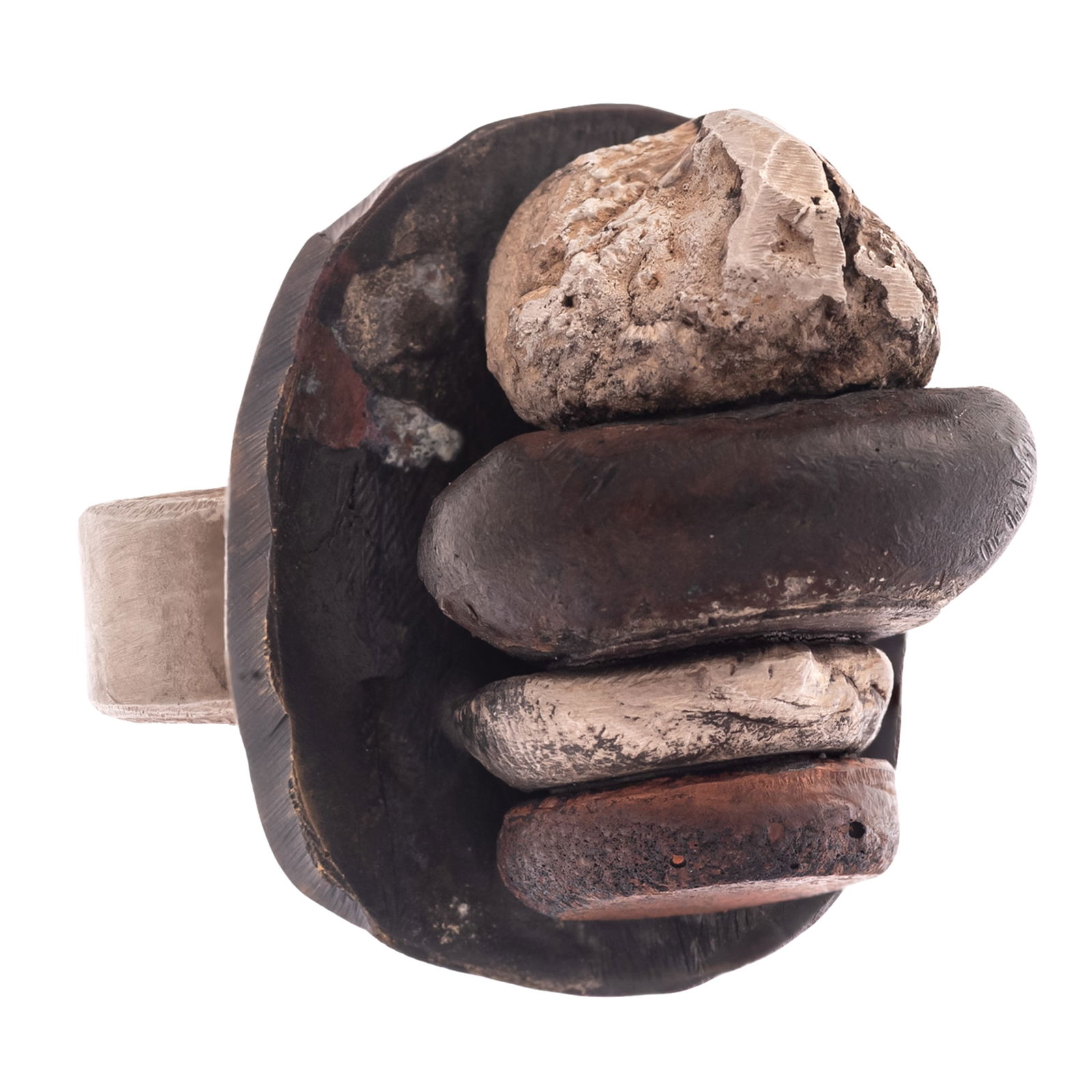 Contemporary Silver, Shibuichi, Mixed Metals Ring, Karl Fritsch: Contemporary Silver, Shibuichi, Mixed Metals Ring, Karl FritschThe sculptural fine silver, shibuichi, and mixed metals ring measuring approximately 28.5 x 24.5 mm (1.12 x 0.96 in). Etched "KF 12&