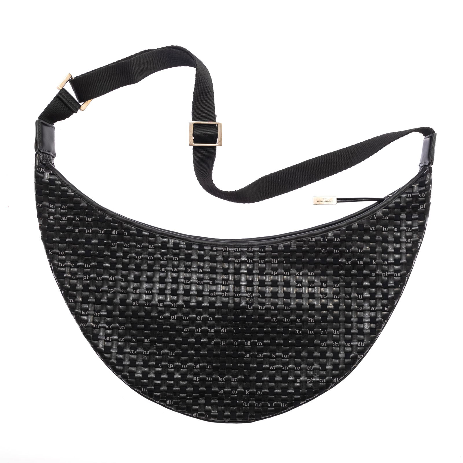 Stephane Kelian Leather Shoulder Bag: Stephane Kelian Leather Shoulder BagThe woven leather of crescent form.With adjustable strap.9in.(22cm)h 18in. (46cm) l. 1in. (2.5cm) d.