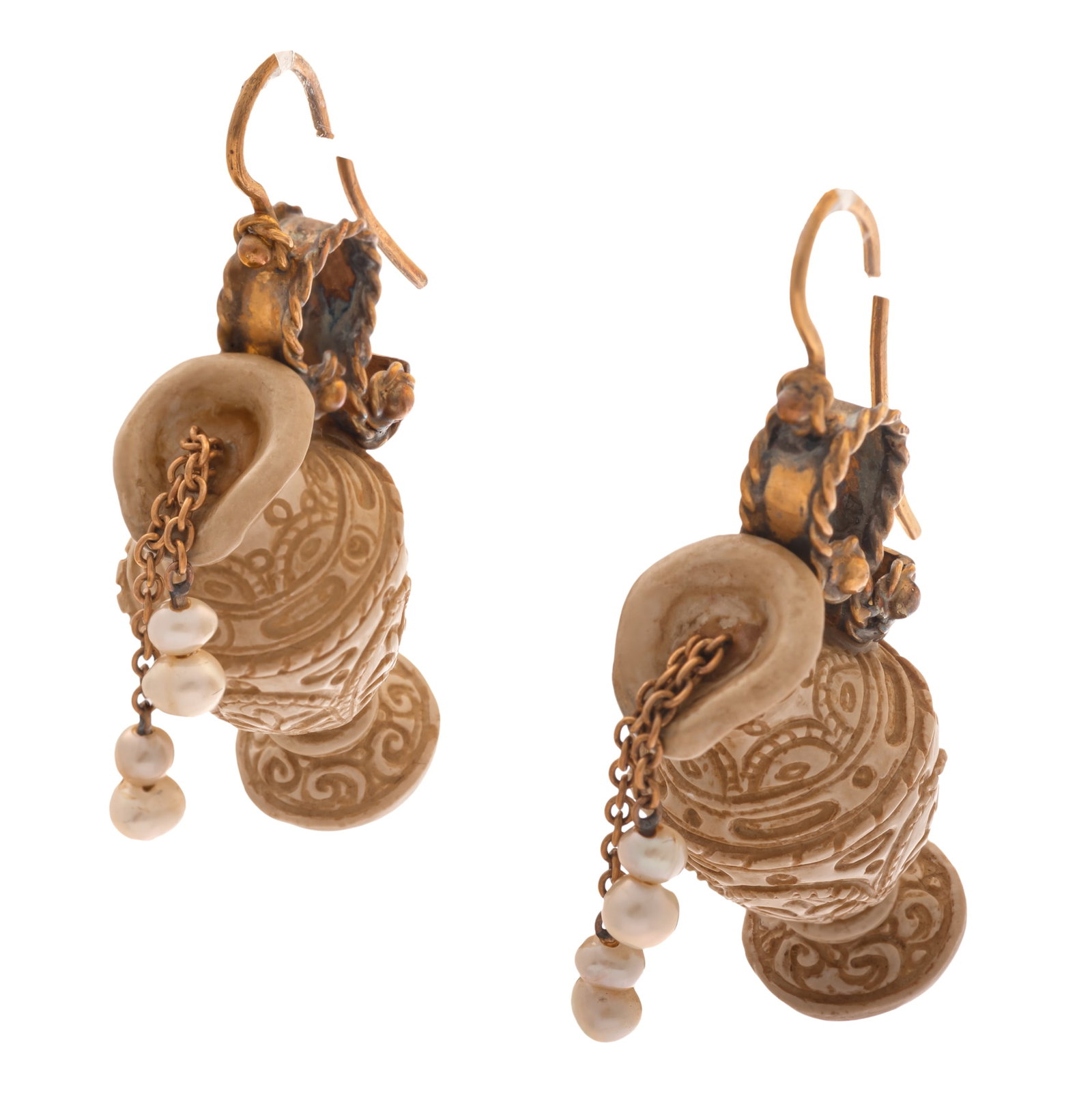 Pair of Lava, Pearl, 14k Earrings: Pair of Lava, Pearl, 14k Earrings Each designed as an ewer suspending four baroque pearls, set in 14k yellow gold earring mountings measuring approximately 49.0 x 15.0 mm (1.95 x 0.60 in). Gross weigh