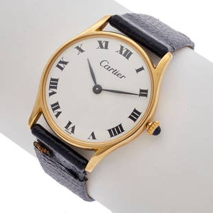 Vintage Cartier Concord 14k Yellow Gold Wristwatch: Vintage Cartier Concord 14k Yellow Gold WristwatchDIAL: Round, white, black Roman numeral hour markers, black leaf hands, Cartier. MOVEMENT: Mechanical, seventeen (17) jewels, unadjusted, Concord Watc