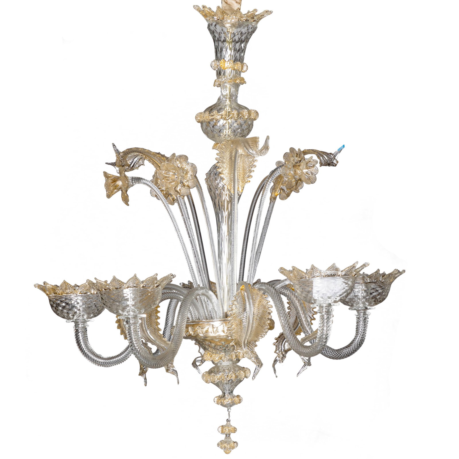 Murano Glass Six Light Chandelier: Murano Glass Six Light Chandelier The central baluster form issuing scrolling feather plumes and daffodils above scrolled candle arms ending in leaf tip candle cups. 36in. (91cm) h. 34in. (86cm) d. Co