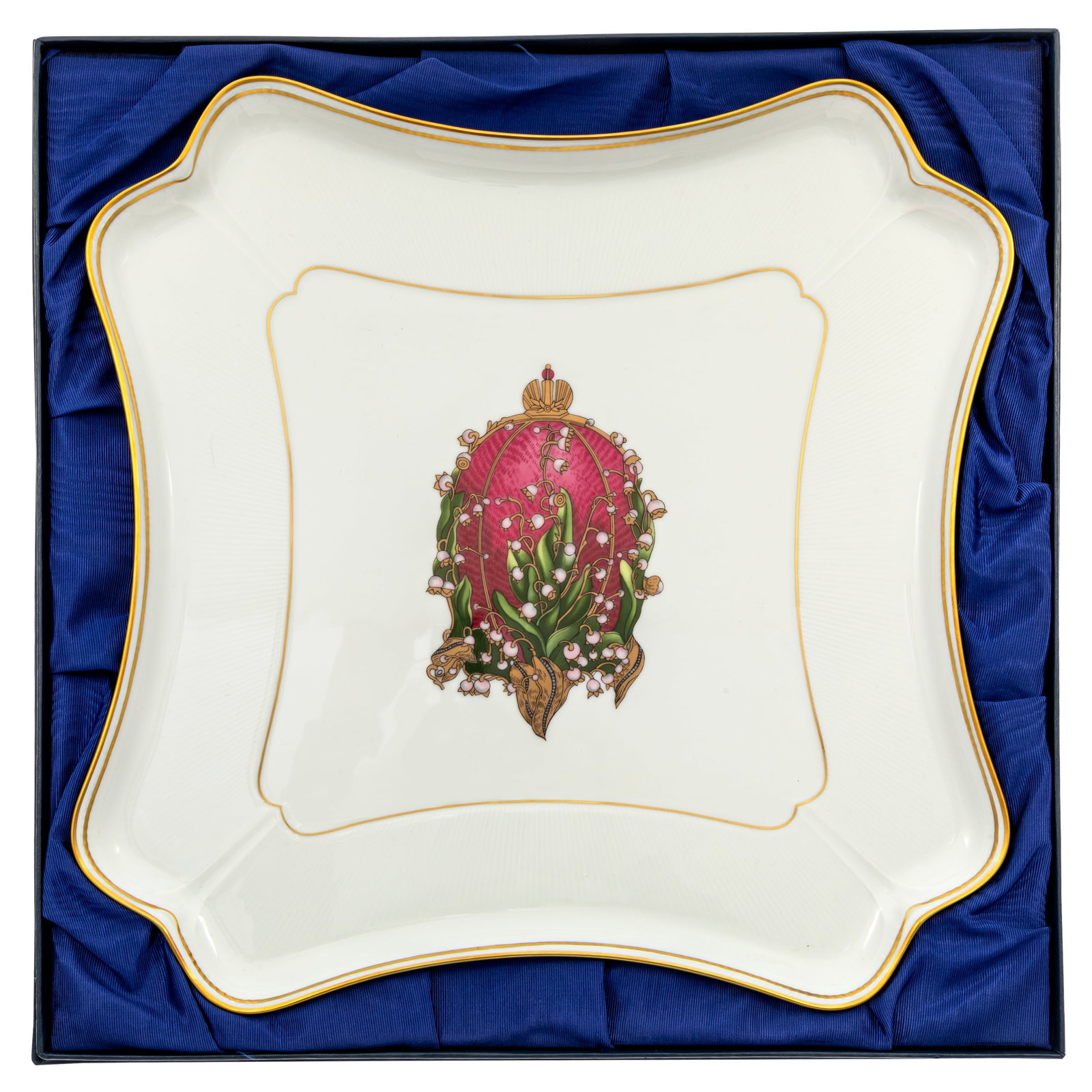 Faberge Porcelain Platter: Faberge Porcelain Platter 'Lilies of the Valley Egg' Inscribed: Presented by Tsar Nicholas II to his mother the Empress Marie Federova in1898. Reverse with gilt images of Tsar Nicholas and two of his 