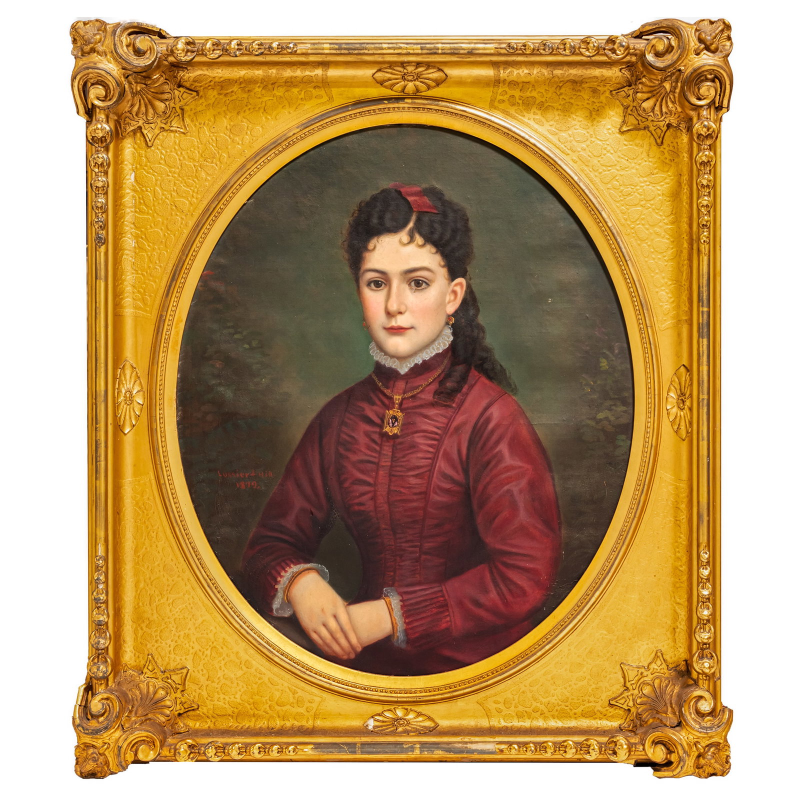 Louis Lussier (American 1832-1884), Portrait of Miss Holburton: Louis Lussier (American 1832-1884), Portrait of Miss Holburton Portrait of Miss Holburton The sitter in three quarter view wearing a lace trimmed dress and Etruscan Revival pendant. Signed Lussier and