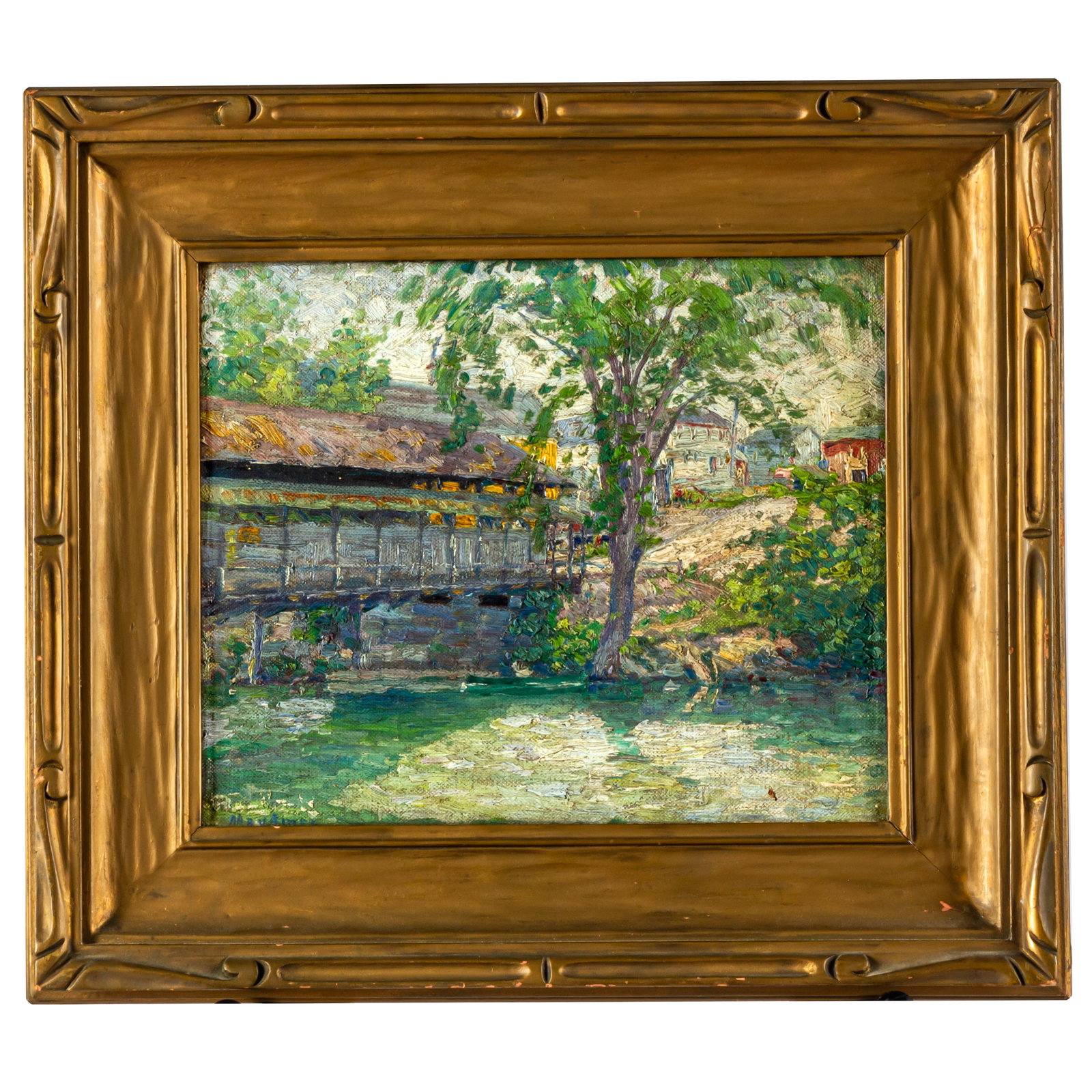 May Lidia Ames: May Lidia Ames Landscape with covered bridge Signed l/l o/c 9 3/4in. x 8in (25cm x 20cm) Framed: 14 1/2in. x 13in ( 37cm x 33cm)
