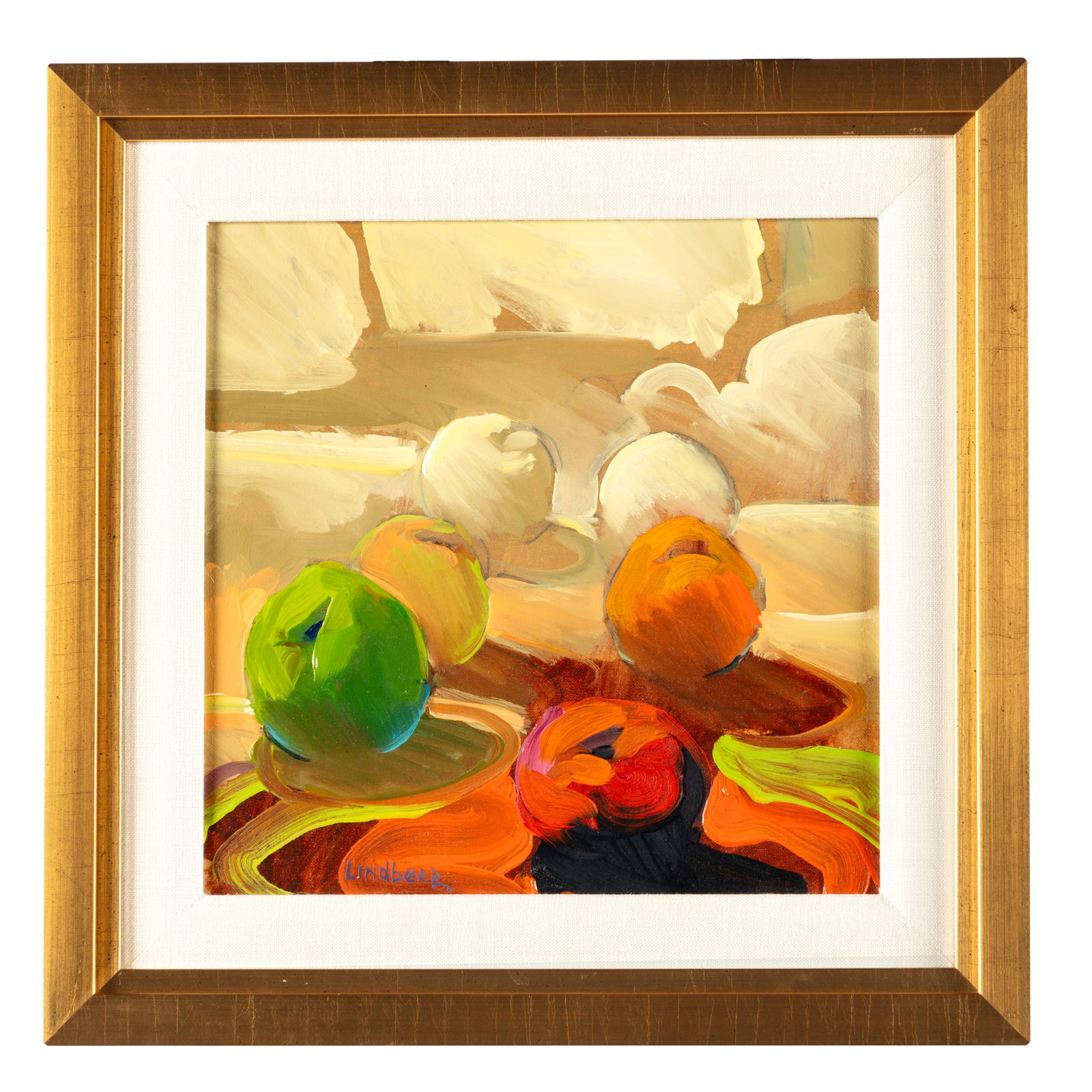 Keith Lindberg (American b. 1938): Keith Lindberg (American b. 1938) Abstract, fruits. o/c signed l/l 11 1/2in. x 11 1/2in. (29cm x 29cm) Framed: 16 1/2in. x 16 1/2in. (41cm. x 41cm)