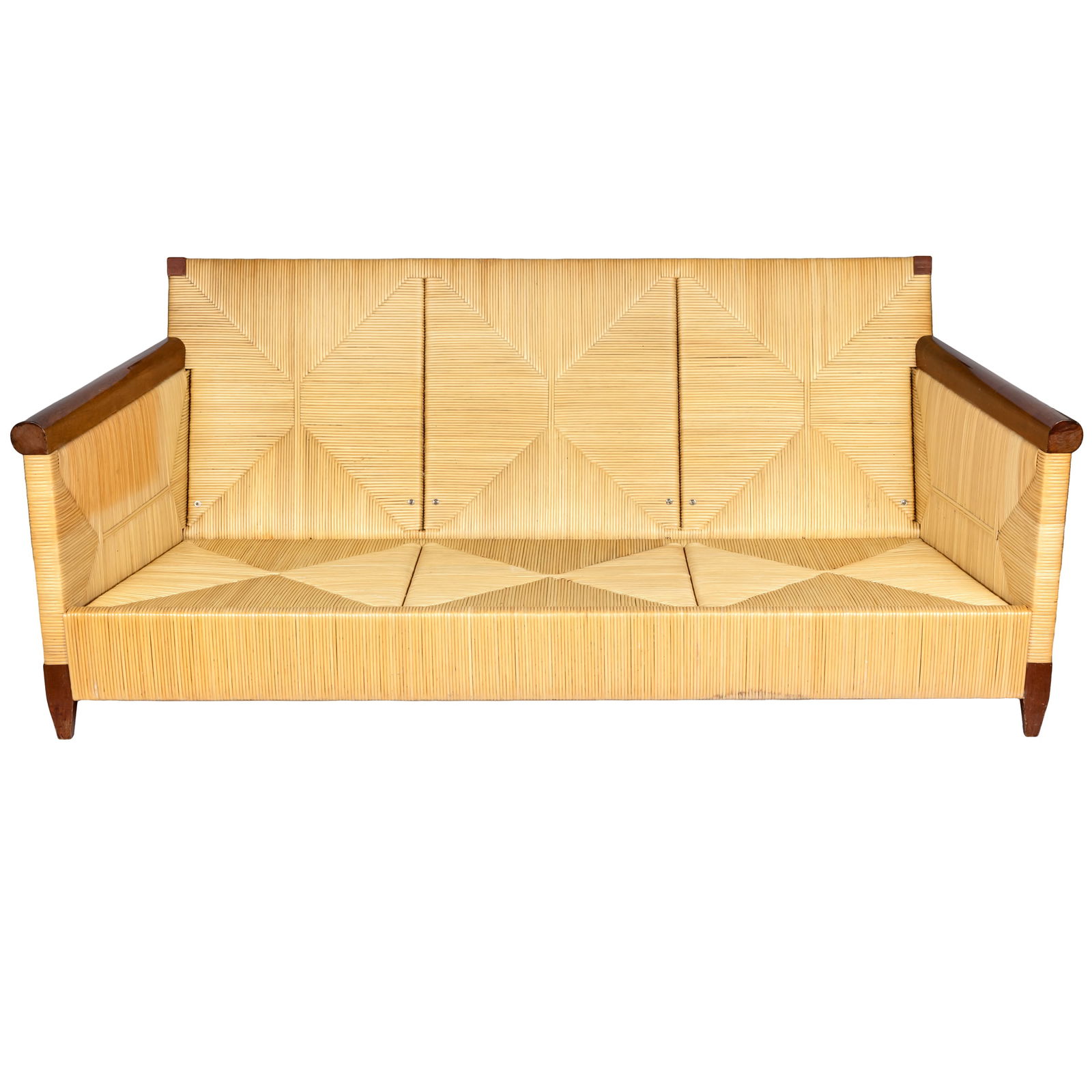 Merbau Rush Sofa, John Hutton for Donghia: Merbau Rush Sofa, John Hutton for DonghiaOf Hardwood and rush cane in a geometric pattern.31in. (79cm) h. x 73in. (185cm) l.The limited production Merbau Collection was designed by John Hutton (1947-2