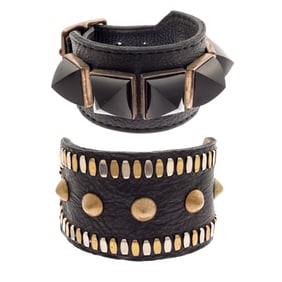Collection of Two Leather, Mixed Metals Bracelets