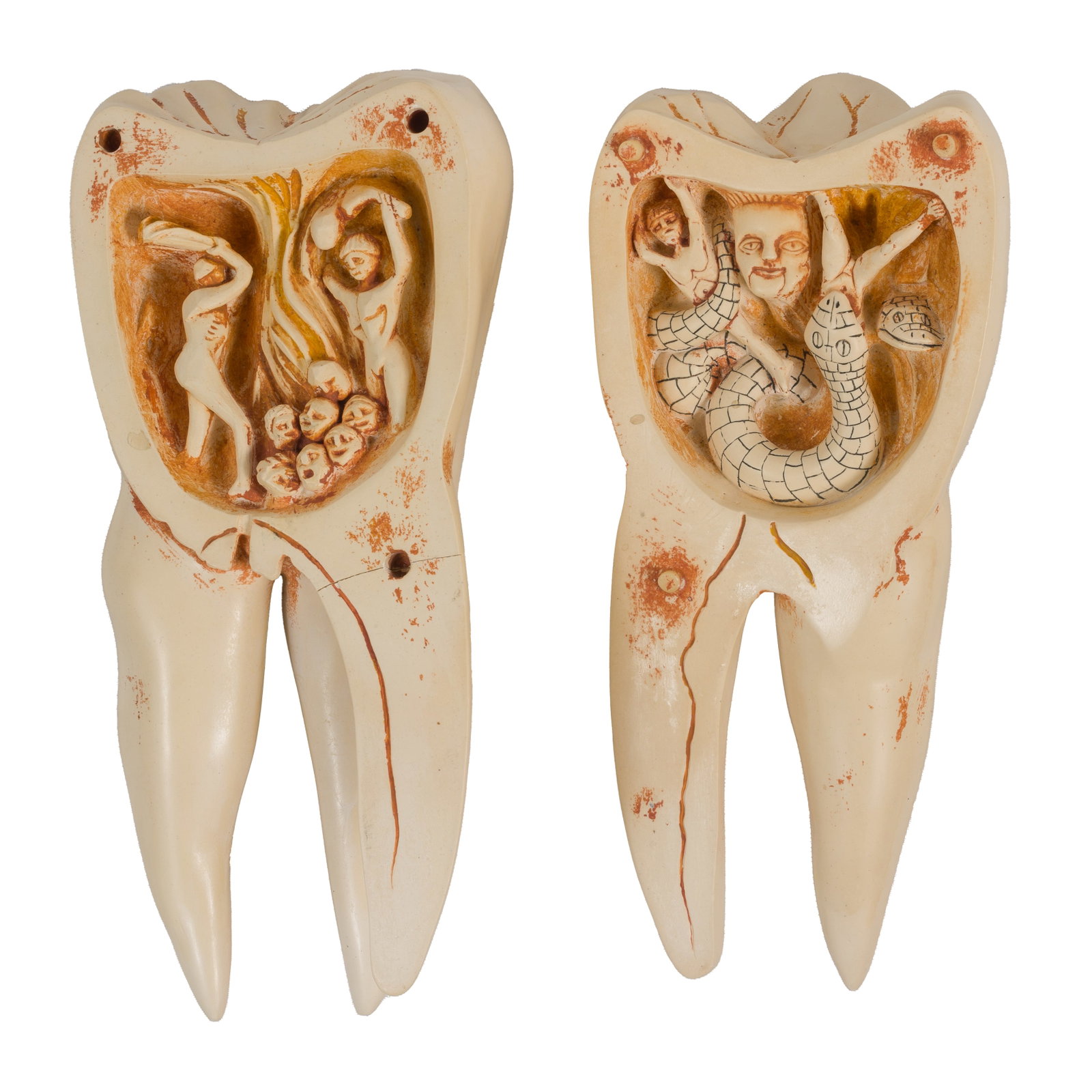 Tooth Model, "The Tooth Worm as Hell's Demon": Tooth Model, "The Tooth Worm as Hell's Demon" Reproduction composition model of the 18th century original ivory carving. The two halves close to form one complete tooth model. Depicting the 