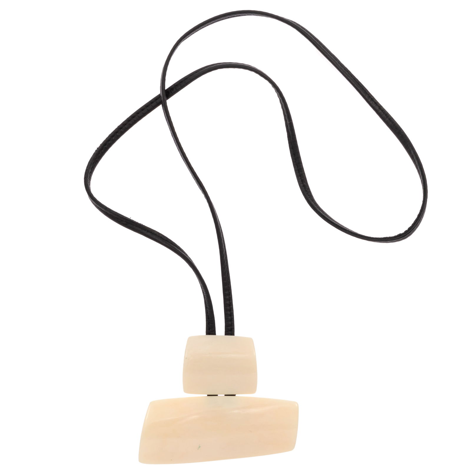 Bone, Leather Necklace, Gerda Lynggaard for Monies: Bone, Leather Necklace, Gerda Lynggaard for Monies Designed as two bone rectangles cascading on a black leather strap, forming a 40 inch necklace. Gross weight: 84.7 grams. Marked "Monies." From the c