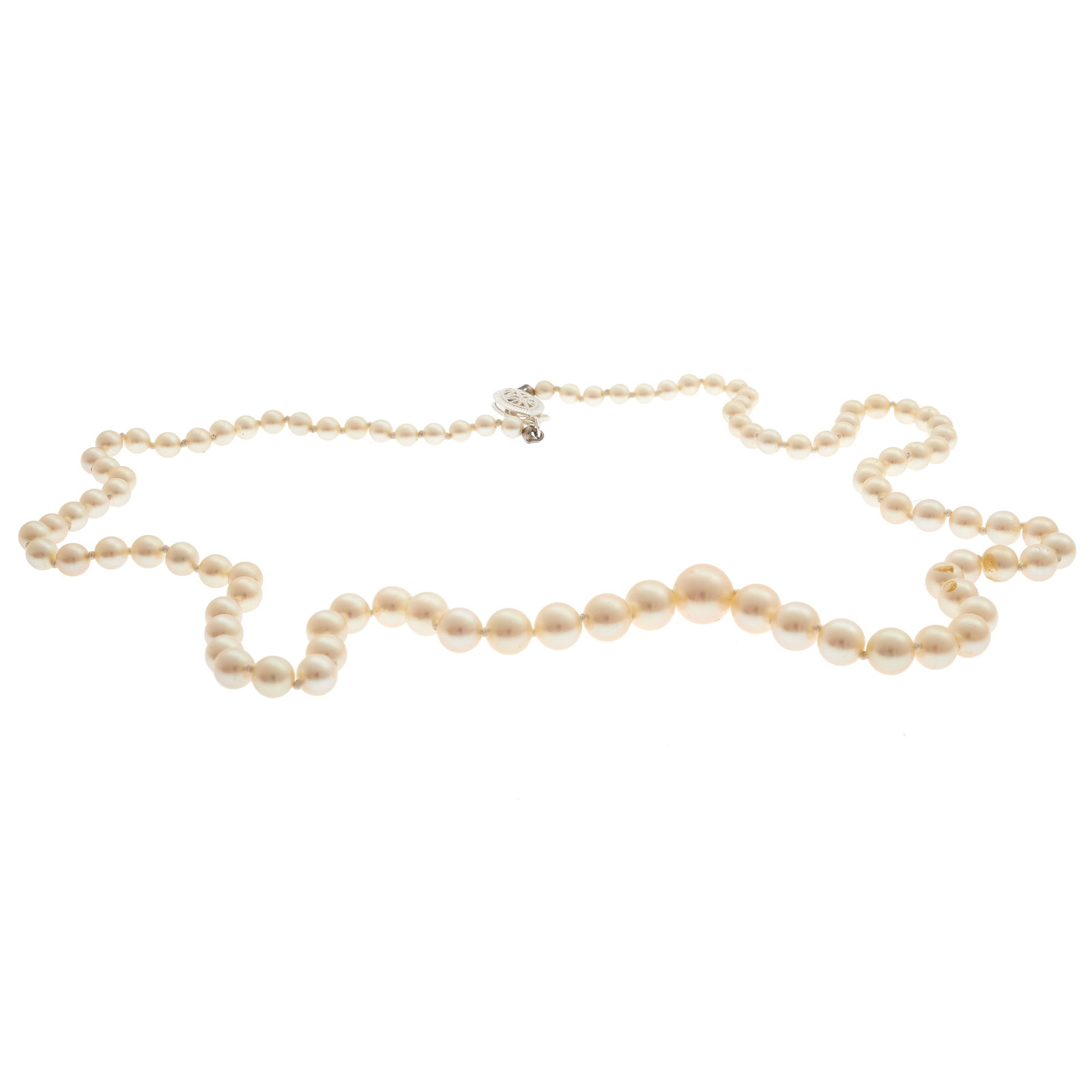 Graduated Cultured Pearl, Silver Necklace: Graduated Cultured Pearl, Silver Necklace Composed of ninety-eight round cultured pearls measuring from approximately 7.5 to 3.4 mm, completed by a silver hook and box clasp forming a 20 inch necklace