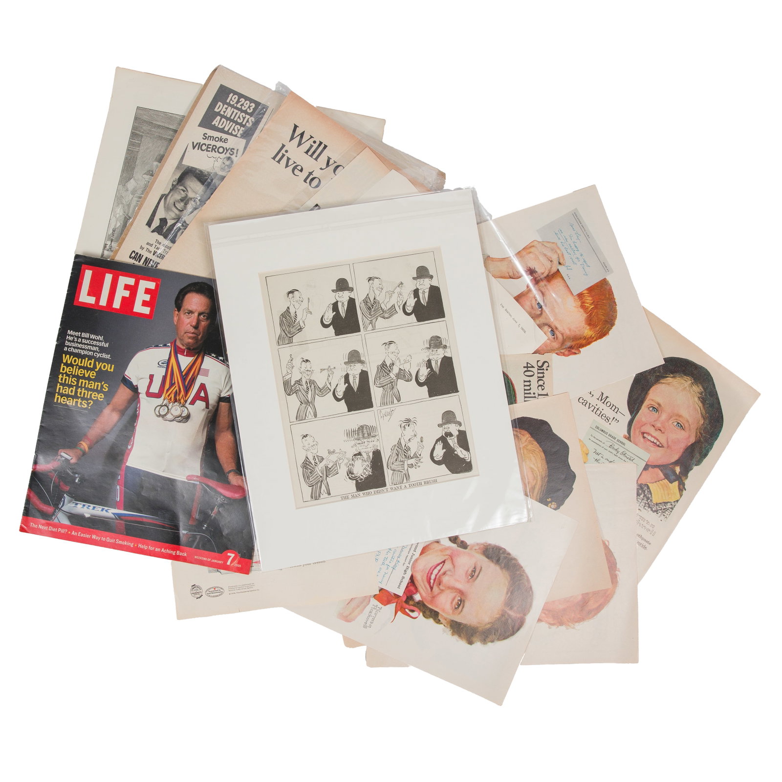Dental Newspaper and Magazine Advertising Ephemera: Dental Newspaper and Magazine Advertising Ephemera Group of periodical dental advertising ephemera, including: Odol advertisement; eight Crest "Look Mom - No Cavities!" pages; two Water Pik 
