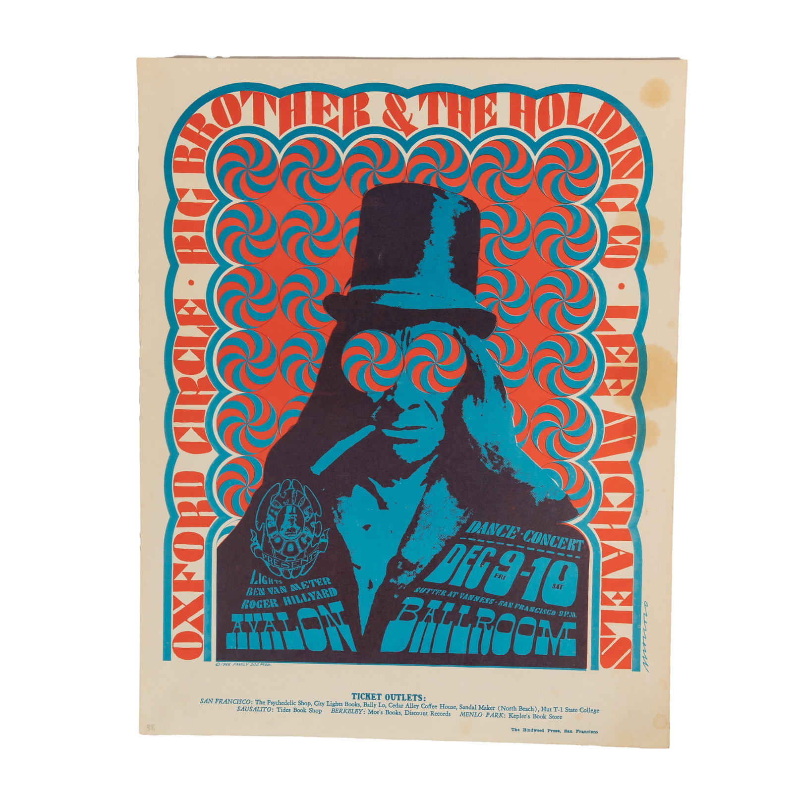 FD-38 Original, Big Brother, Avalon Ballroom, Swirly Eyes: FD-38 Original, Big Brother, Avalon Ballroom, Swirly Eyes Family Dog number 38 original poster for the Avalon Ballroom, designed by Victor Moscoso, featuring Big Brother & The Holding Co., Oxford Circ
