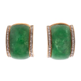 Pair of Jade, Diamond, 14k Yellow Gold Earrings