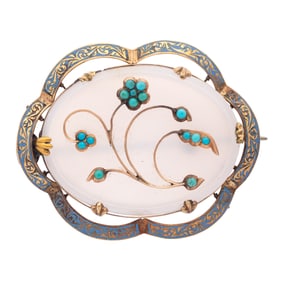 Victorian Chalcedony, Turquoise, Enamel, 14k Yellow Gold Pin
