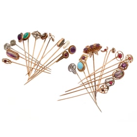 Collection of Twenty-Five Multi-Stone, Gold, Metal Stick Pins
