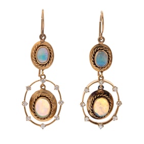 Pair of Diamond, Opal, 14k Yellow Gold Earrings