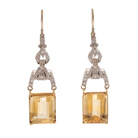 Pair of Citrine, Diamond, 14k Earrings