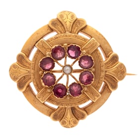 French Victorian Garnet, Seed Pearl, 18k Pin