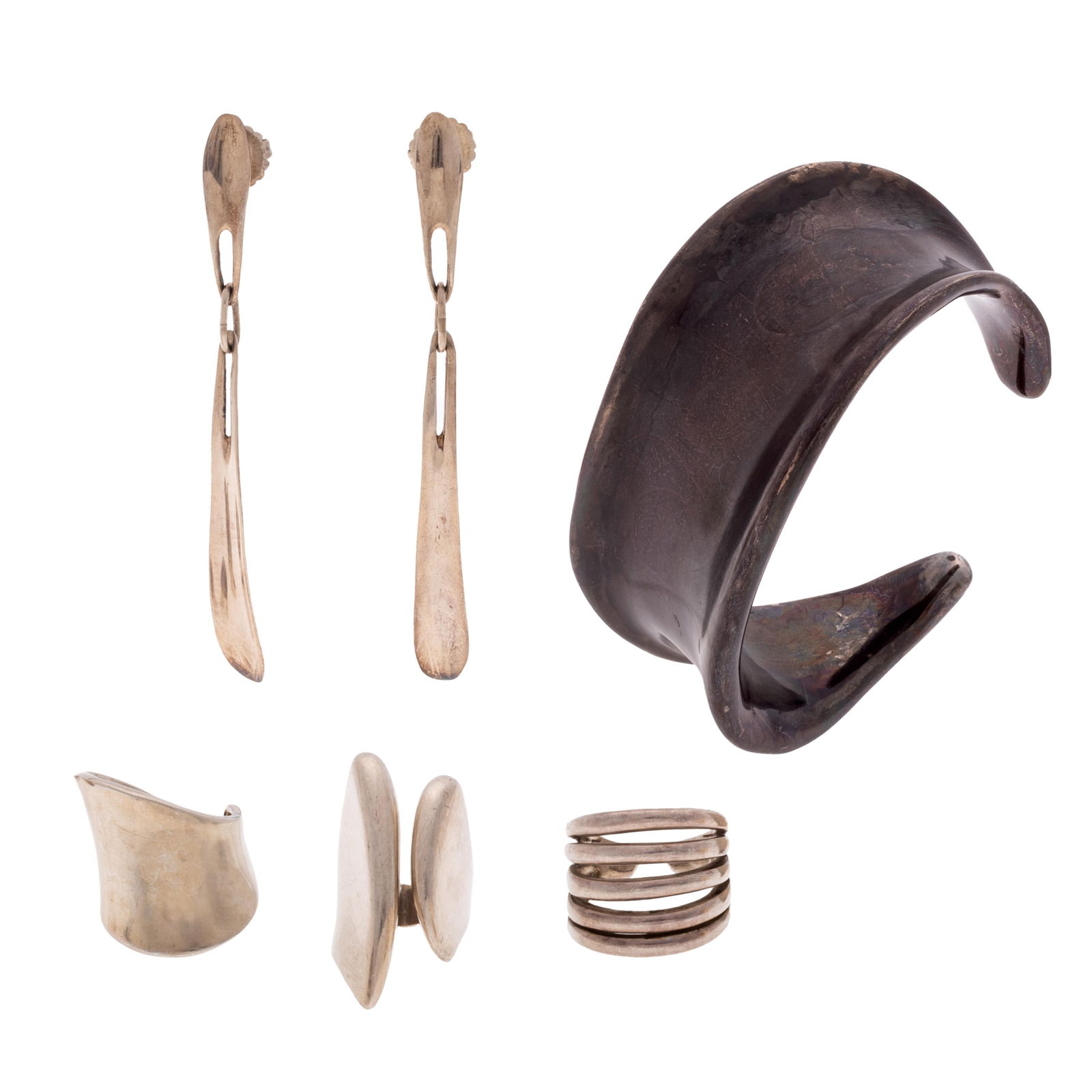 Collection of Robert Lee Morris Sterling Silver Jewelry: Collection of Robert Lee Morris Sterling Silver JewelryIncluding one five band ring, size 7 1/2, one wide, open front sculptural ring, size 6 1/2; one abstract shaped ring, size 7 1/2; a pair of earri