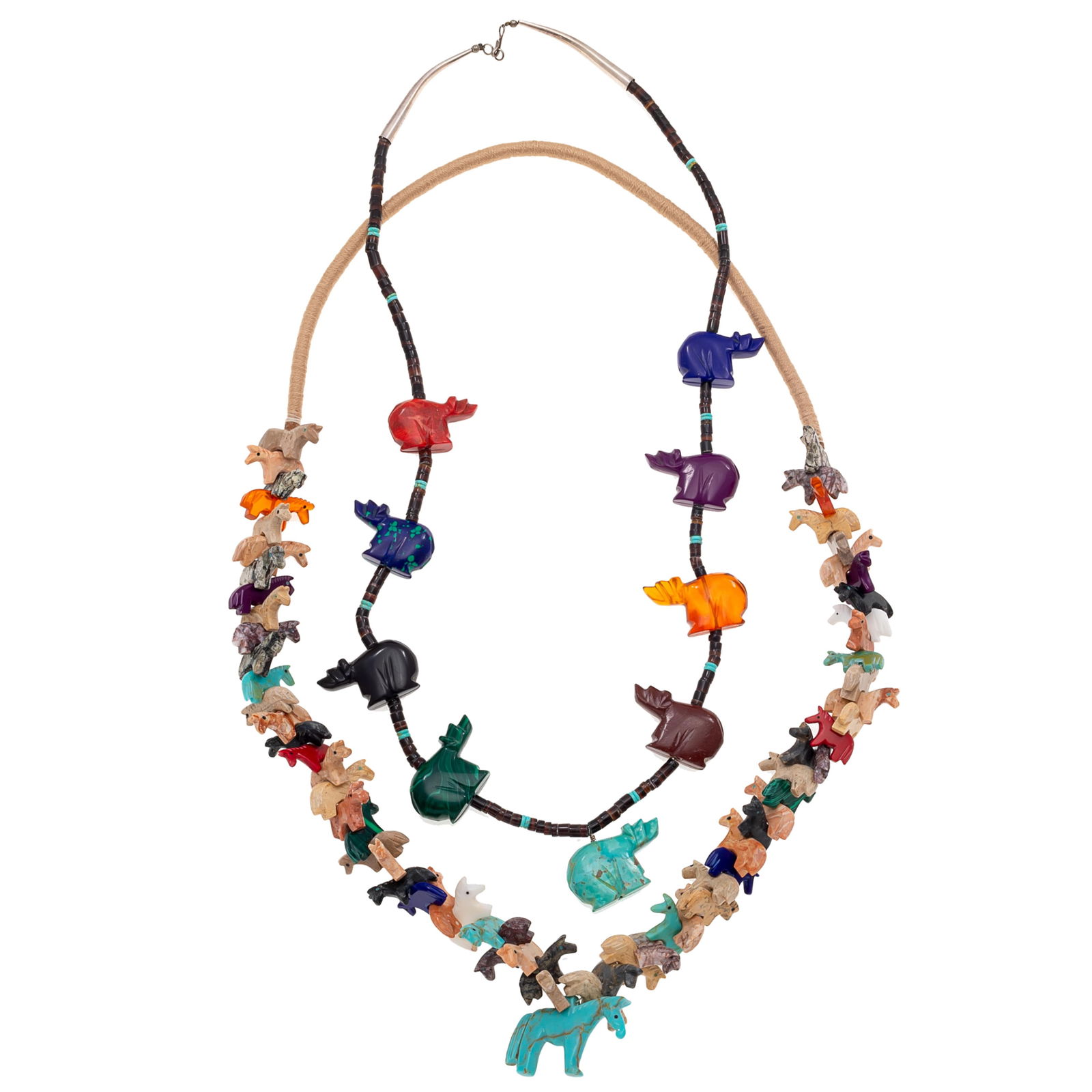 Collection of Two Multi-Stone Single Strand Fetish Necklaces: Collection of Two Multi-Stone Single Strand Fetish NecklacesIncluding a series of horses carved from multiple hardstone including: jasper, sugilite, jet, turquoise, amber, malachite, marble and alabas
