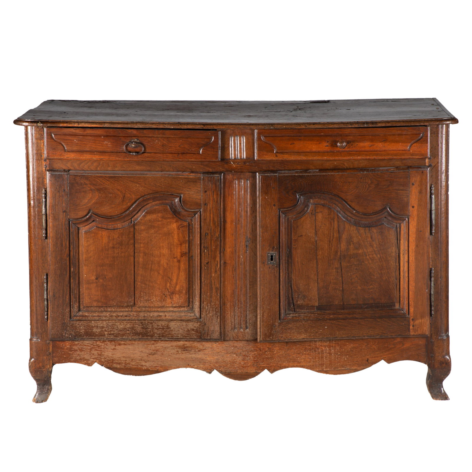 Louis XV Walnut Chest of Drawers: Louis XV Walnut Chest of Drawers The rectangular top over a pair of panel molded doors and shaped apron. 36in. (91cm) h. 55in. (140cm) l. 23in. (58cm) d Condition: Top faded and distressed. Legs with 