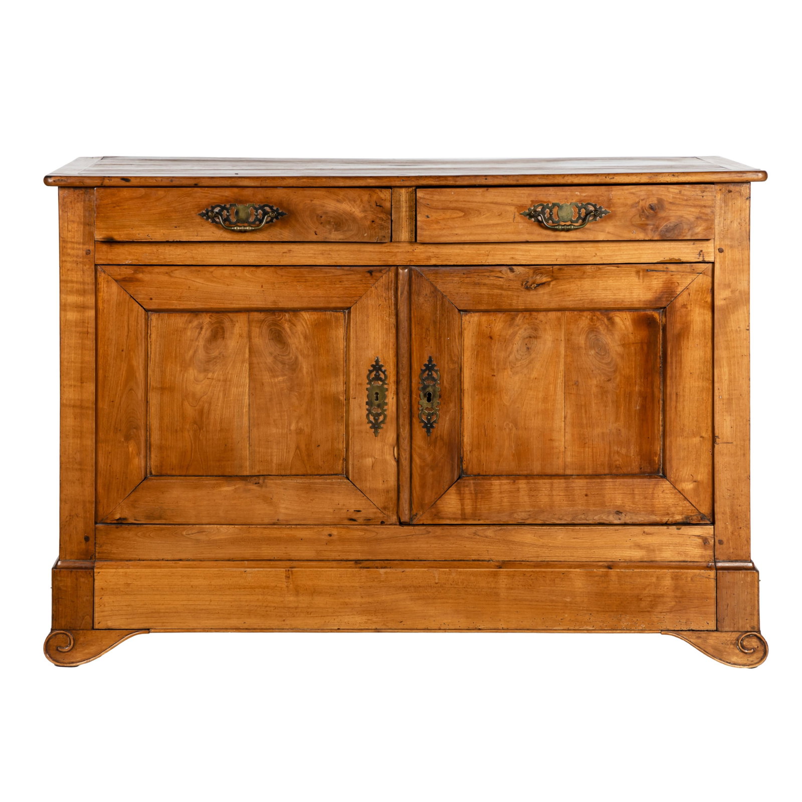 Italian Neoclassical Side Cabinet: Italian Neoclassical Side Cabinet With a rectangular top over two drawers and panel molded doors ending on scrolled feet. 38in (96cm) h. 54in (137cm) l. 22in (56cm) d