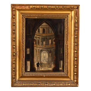 Christian Stocklin (Swiss/German 1741-1795): Christian Stocklin (Swiss/German 1741-1795)Interior of a Gothic Church.Signed Stocklin, signed lower centeroil on metal panel 6in. x 7 1/2in (15cm. x 19cm)Framed: 9 1/2in x 11in (24cm. x 28cm)