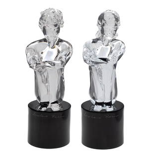 Loredano Rosin (italian 1936-1991): Loredano Rosin (italian 1936-1991)Murano glass sculptures,'Two seated figures'Each on polished stone plinth.Signed on plinth16in. (41cm)Condition: Chip to one plinth