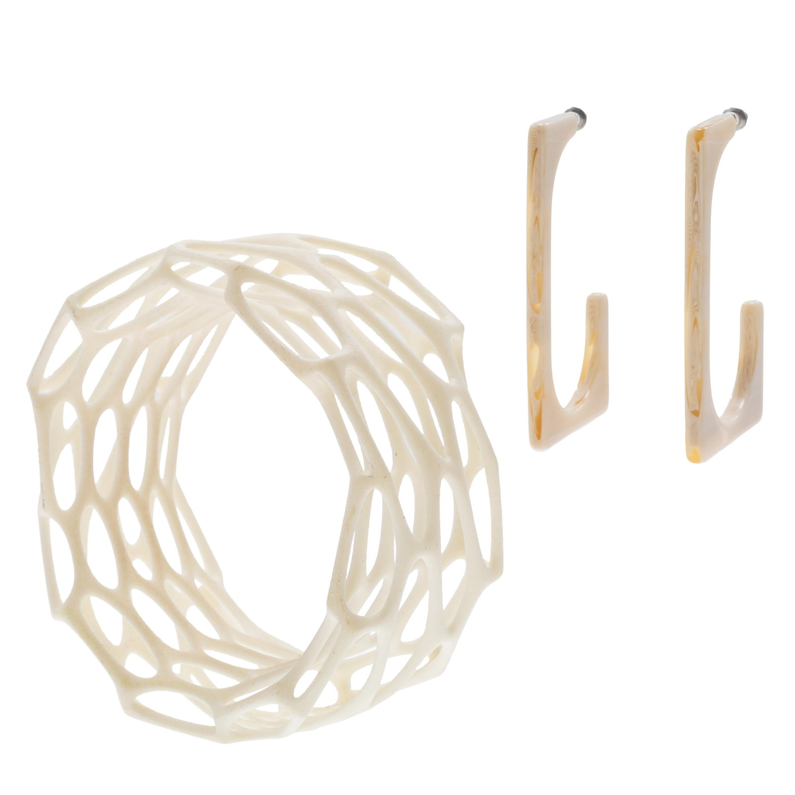 Pair of Acrylic Earrings with Nylon "Cell Cycle" Bracelet: Pair of Acrylic Earrings with Nylon "Cell Cycle" Bracelet Including a pair of squared "c" shaped acrylic earrings, each measuring approximately 2.45 inches in length, Parc; togethe