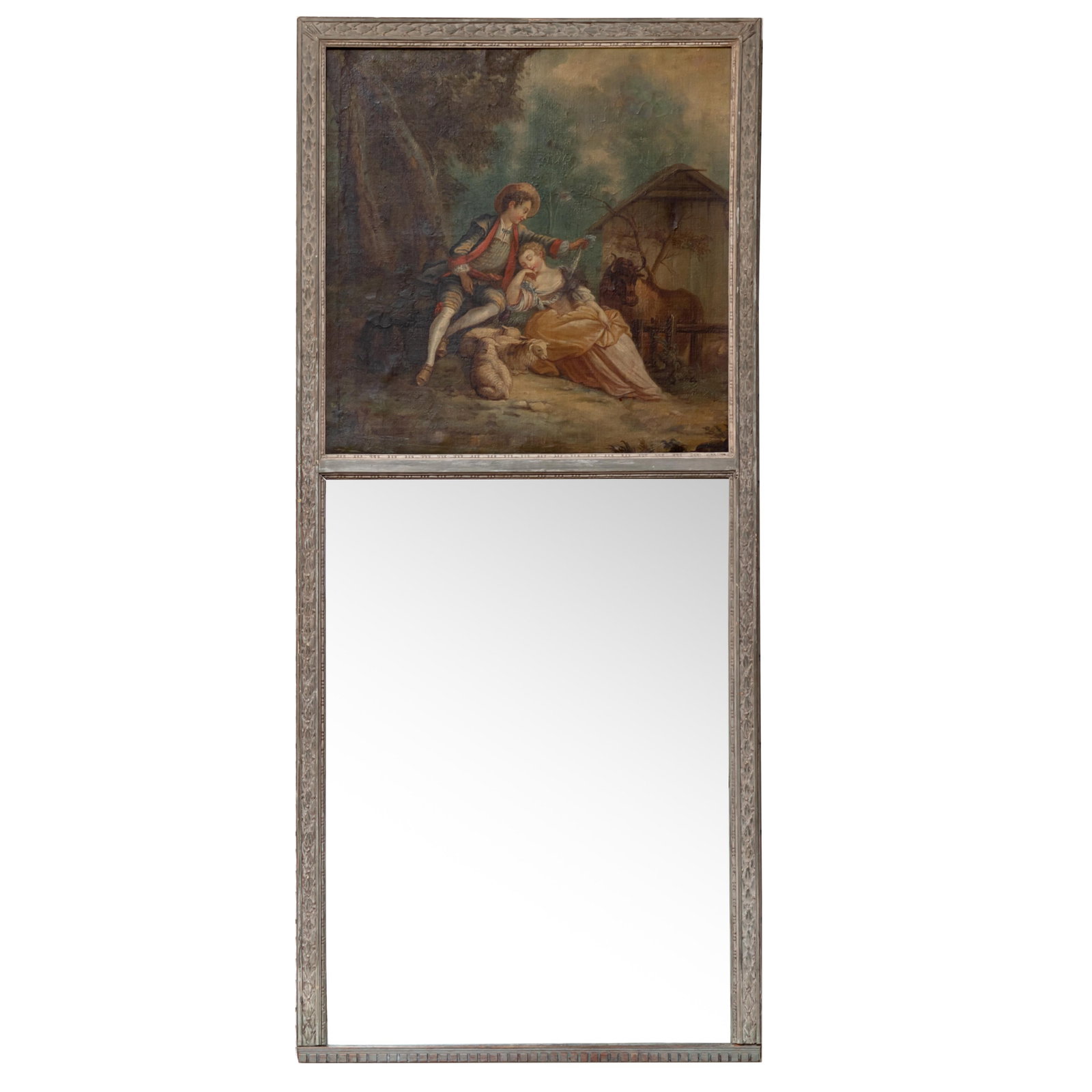 Louis XVI Trumeau Mirror: Louis XVI Trumeau Mirror The rectangular mirror within bead and reel carved frame surmounted by an oil on canvas trumeau panel depicting a Shepherdess and an Admirer. 71in (180cm) h. 32in (82cm) w.