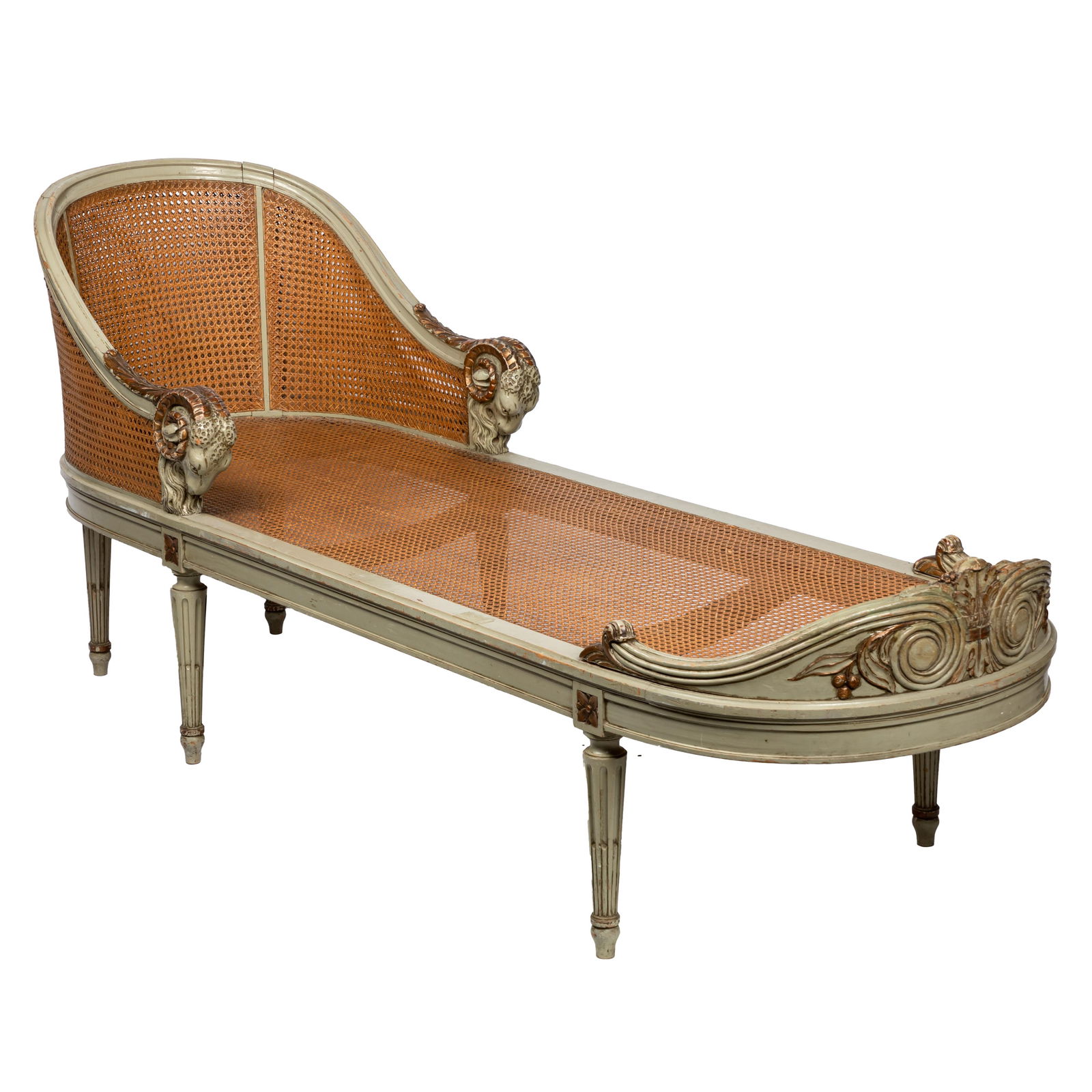 Napoleon III Duchesse Brisee: Napoleon III Duchesse BriseeThe arched caned back continuing to down curving arms ending in Ram's head terminals, all aised on stop fluted tapering legs.32in (81cm) h. 74in (189cm) l. 22in (56cm) l.