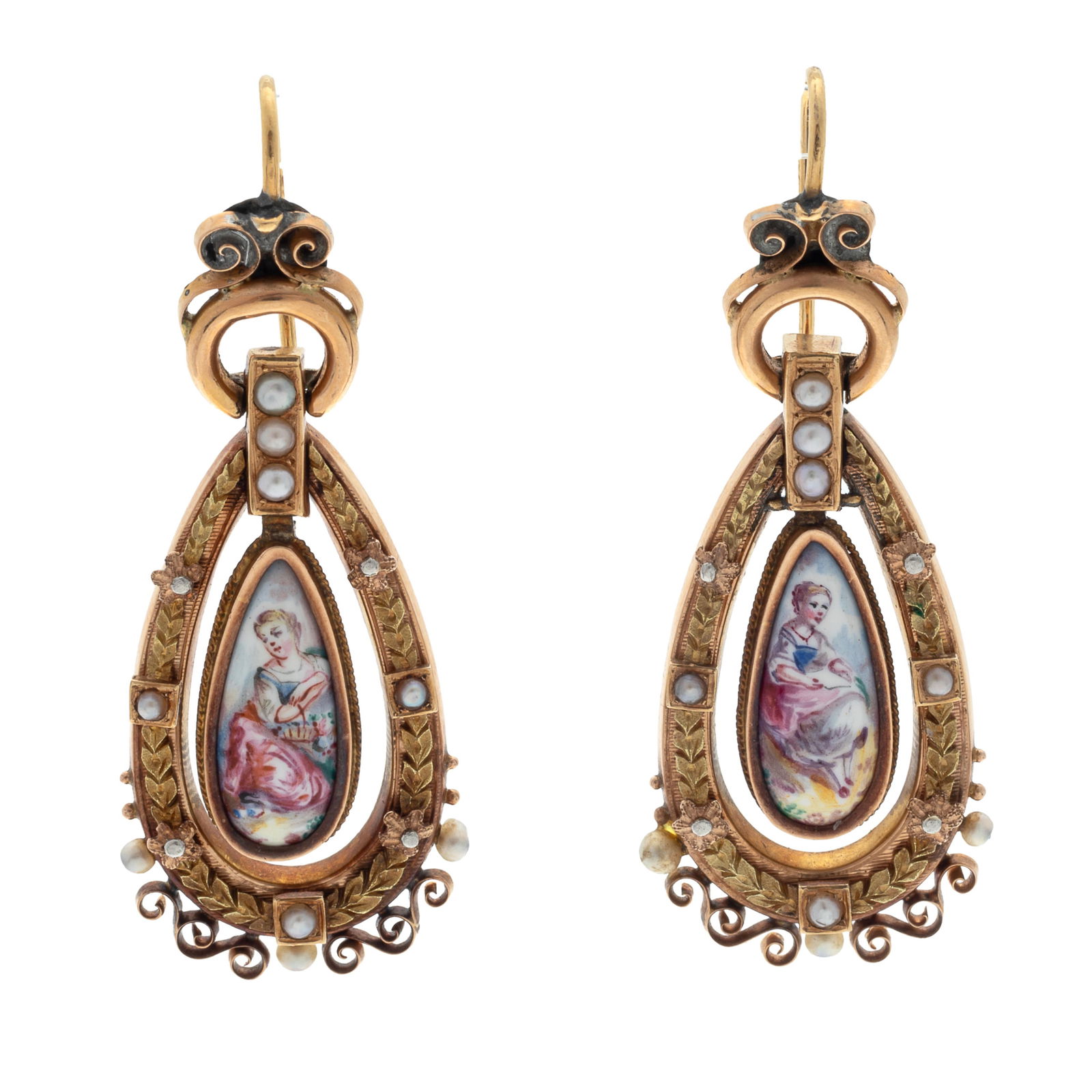 Pair of Victorian Enamel, Seed Pearl, 14k Yellow and Rose Gold Earrings (1 of 3)