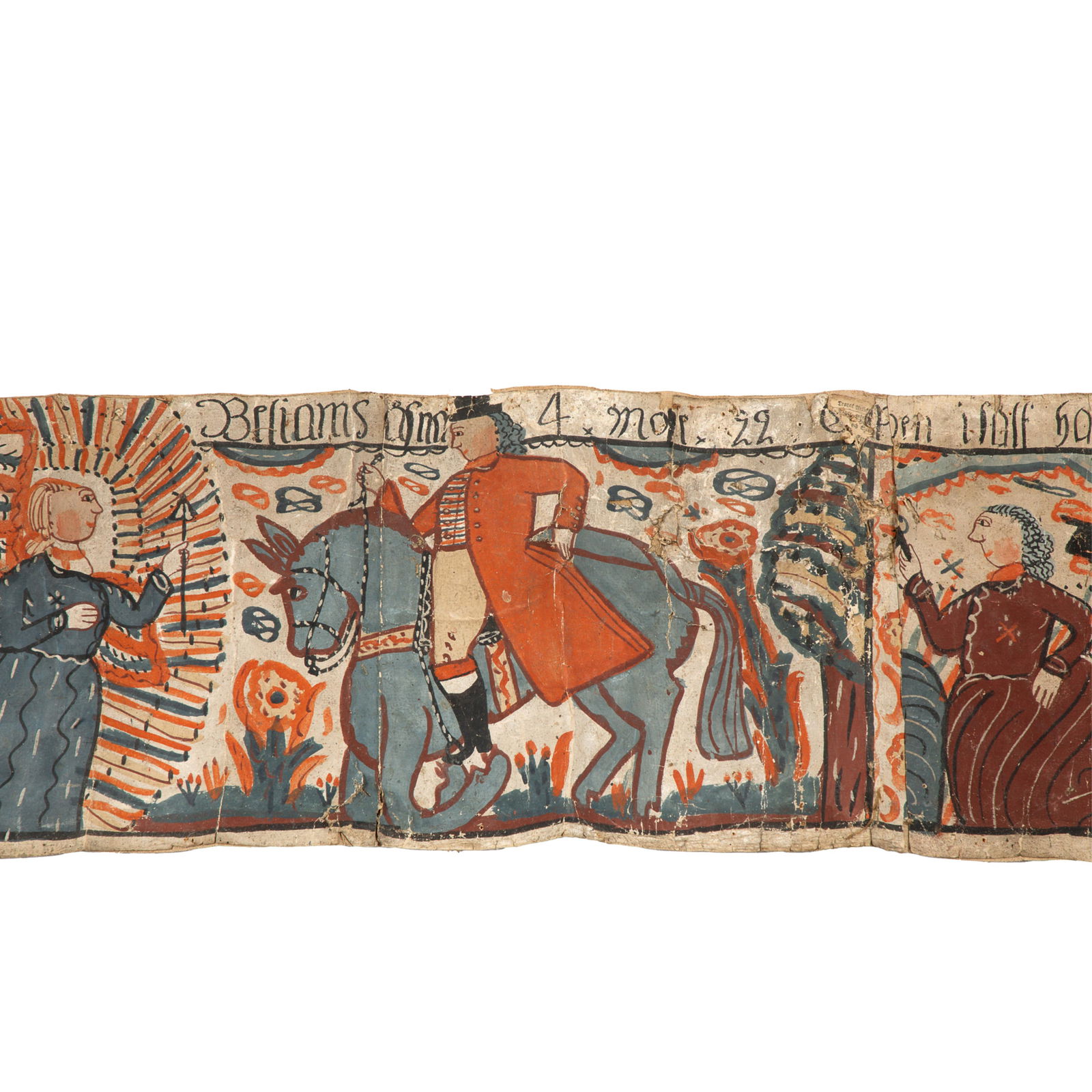 Swedish Folk Art-Bonad Scroll: Swedish Folk Art-Bonad ScrollDated 1818,11in ( 28cm) h 146in (371 cm)Depicting a version of 'The Annunciation', various domestic scenes, flowers and horses.Local or travelling artists created these br
