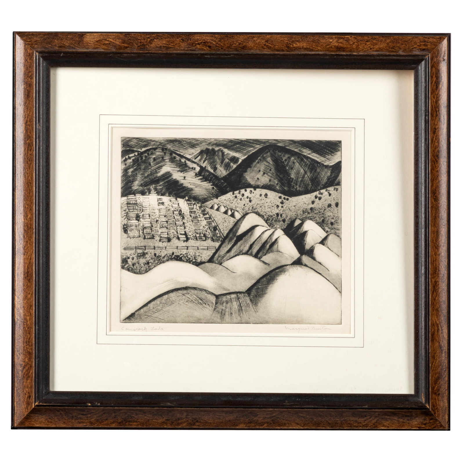 Margaret Burton (1894-1983): Margaret Burton (1894-1983) 'Comstock Lode' etching Signed lower right 9 1/2in. x 8in (24cm. x 20cm) Framed: 17in. x 15in (43cm. x 38cm) Provenance: Garzoli Gallery Margaret Burton began formal ar